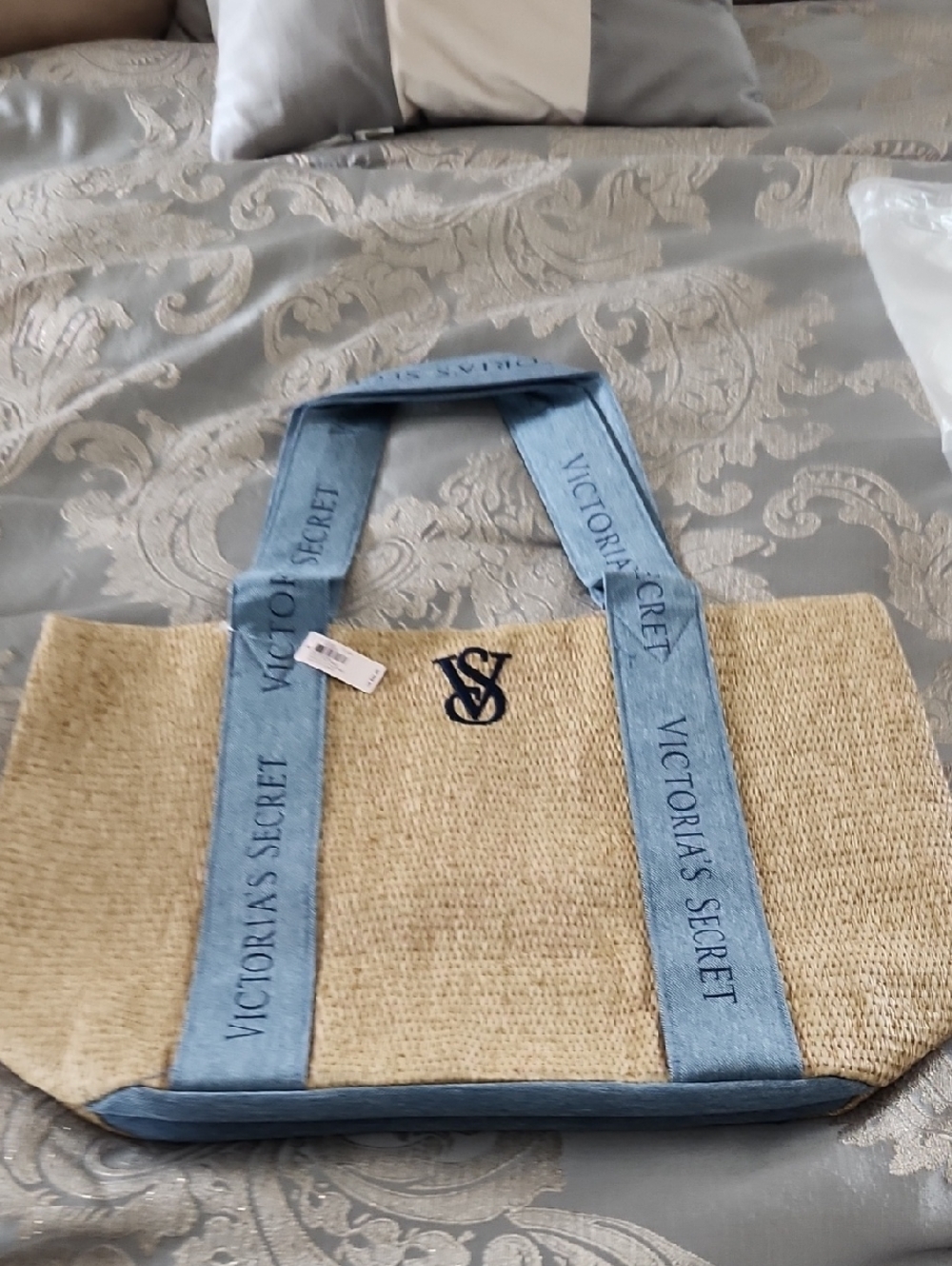 Victoria's Secret Beige Straw Tote with Blue Denim Trim